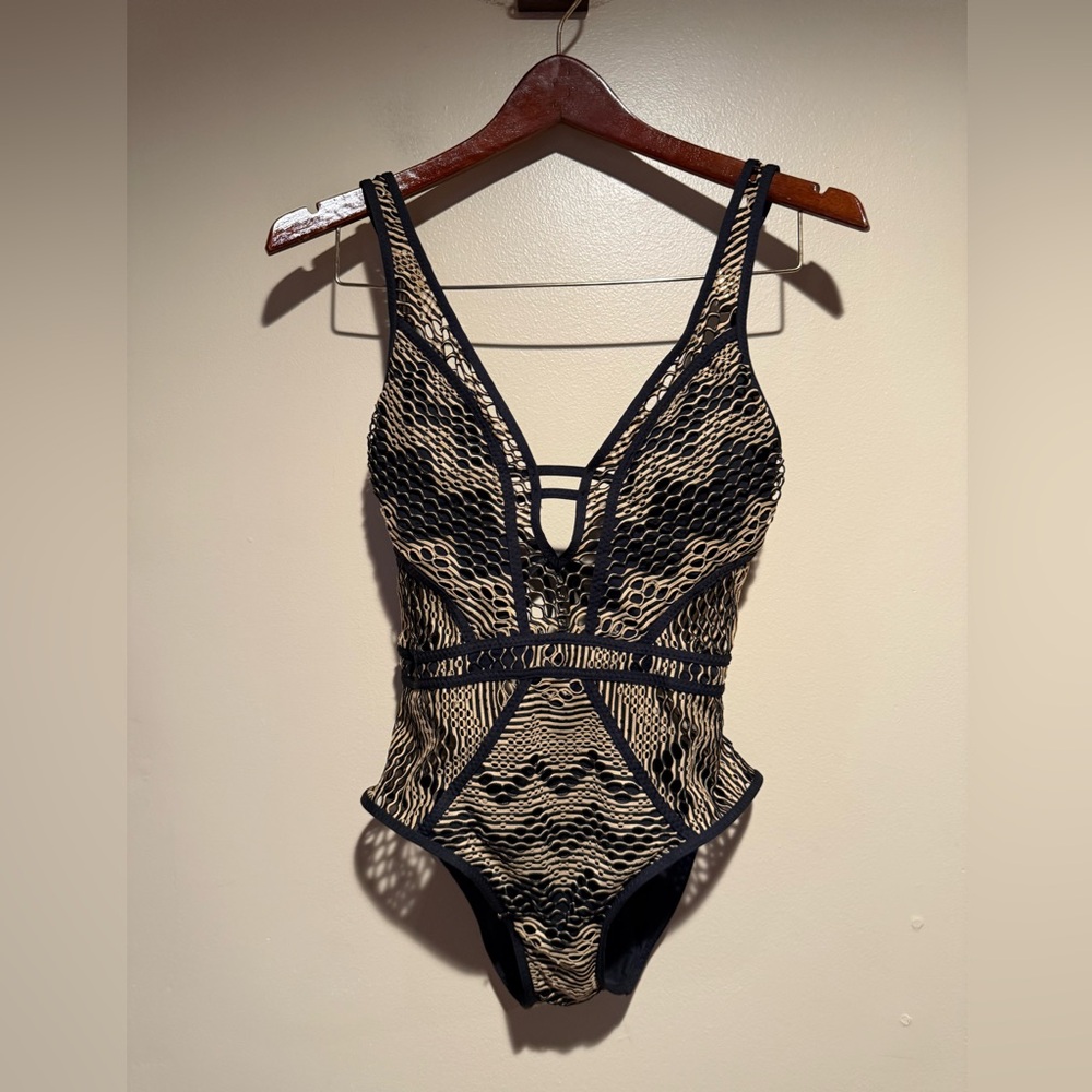 BECCA Black and Beige Lace-Overlay One-Piece Swimsuit